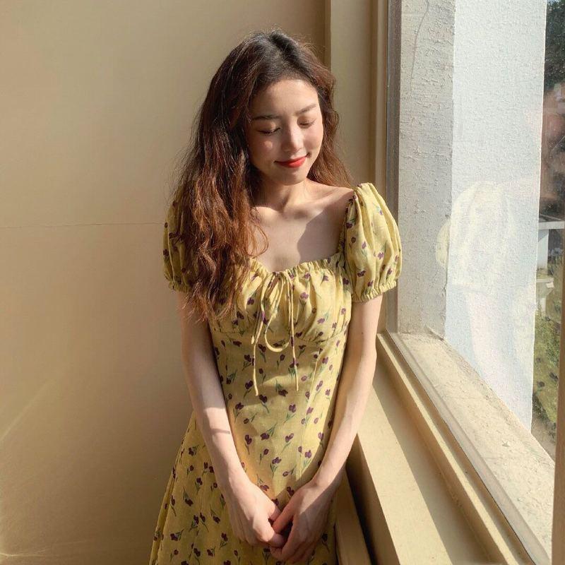 Korean Dress Yellow Flowery Korean Style Shop - Main Image