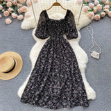 Square Collar Floral Chiffon Dress