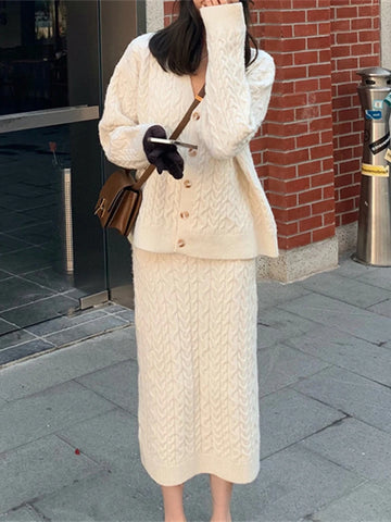 Korean Knitted Two-Piece Set – Cozy Cardigan & Skirt
