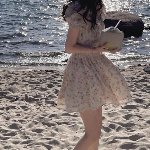 korean dress women chiffon Women's Floral Dress Korean-style Waist Trimming Short-sleeved Chiffon
