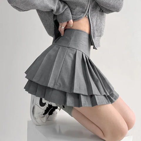 Korean Preppy Style Double Pleated Skirt