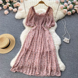 Square Collar Floral Chiffon Dress