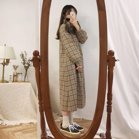 brown korean dress Long Sleeve Shirt Dress Women Vintage Harajuku Aesthetic