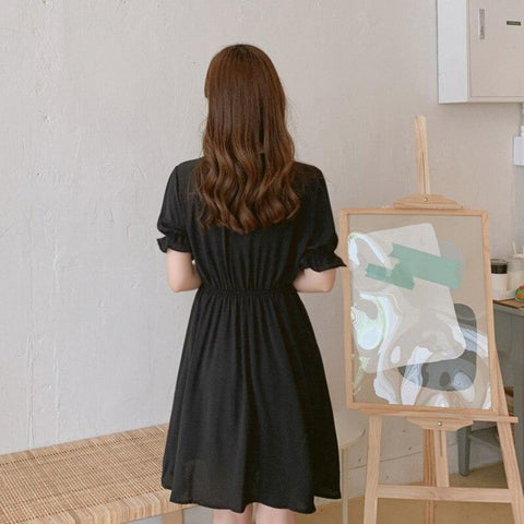 casual dress korean style Dewlily Summer Fashion Teens 20s 30s Cute Leg-lengthening Date Gathered Tiered Ruffled Sleeves Pretty A-line Not specified Dress Women Slim Students Daily