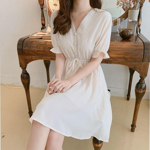 Swing Dresses for Women Puff Sleeve Casual Dress Korean French Design for  Home Dating Office L White - Walmart.com