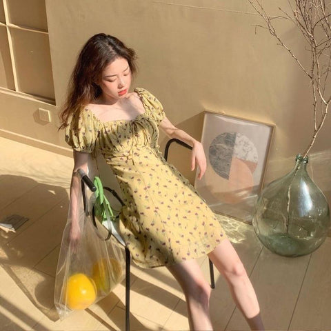 Korean Dress Yellow Flowery | Korean Style Shop Korean Dress Yellow Flowery | Korean Style Shop