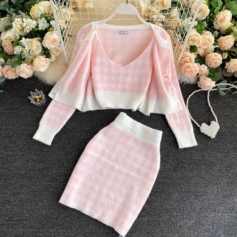 Korean Outfit Pink Plaid Set