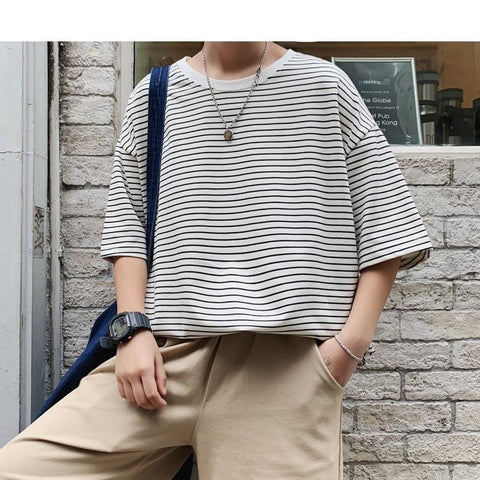 Korean T Shirt Striped Round Neck